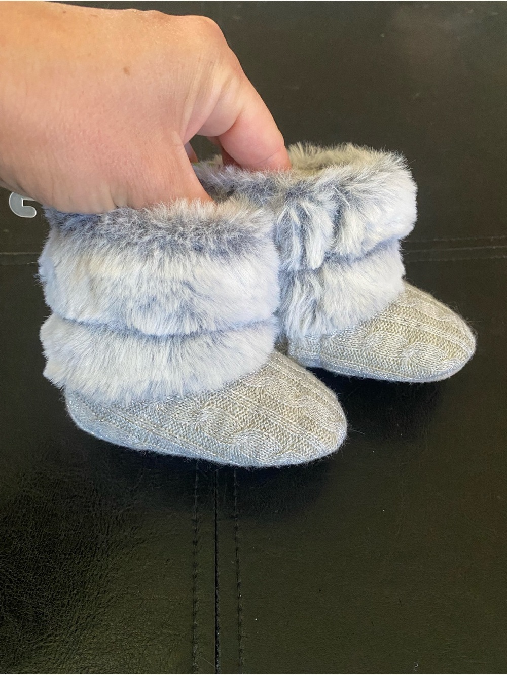 Plush Gray Faux Fur Knit Baby Booties